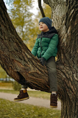 A cute caucasian 6 year old boy in a green warm jacket and knit beanie sitting on the branch of big tree. He is happy. Image with selective focus