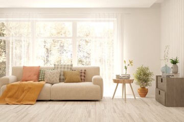 Stylish room in white color with sofa and autumn landscape in window. Scandinavian interior design. 3D illustration