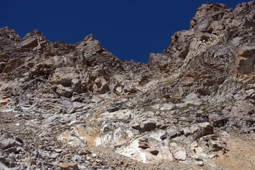 Mountain pass. View of the mountain slopes. Mountain pass Koshtan (3513 meters above sea level)....