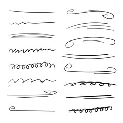 Set of handmade lines, brush lines, underlines. Hand-drawn collection of doodle style various shapes. Art Lines. Isolated on white. Vector illustration