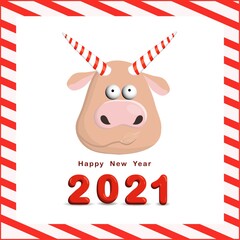 Year of the bull postcard square. Funny christmas character ox. 2021, illustration.