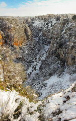 Castellaneta, Southern Italy. Ravine covered in snow
