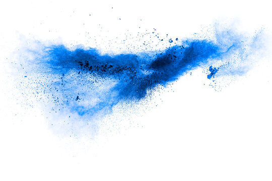 Blue color powder explosion cloud on white background.Blue dust particles splash on background.