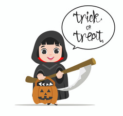 Obraz premium Cute girl Halloween Character in grim reaper costume
