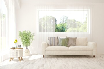 White living room with sofa and summer landscape in window. Scandinavian interior design. 3D illustration