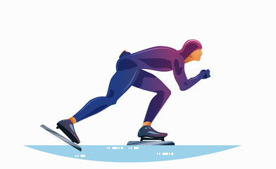 Short track speed skating. A muscular athlete in sportswear overcomes the distance on skates. Vector flat design illustration side view.