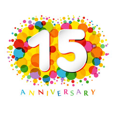 15 th anniversary numbers. 15 years old coloured congrats. Cute congratulation concept. Isolated abstract graphic design template. White digits. Up to 15%, -15% percent off discount. Decorative sign.