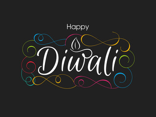 Happy Diwali greeting card with intricate calligraphy and illuminated Diwali lamp.
