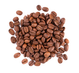 Coffee beans isolated on white background. Roasted arabica coffee beans. Top view.