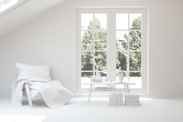 Fototapeta premium White living room with armchair and green landscape in window. Scandinavian interior design. 3D illustration
