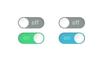Realistic blue green and grey Turn on and turn off swipe buttons for web on white background. Switch symbol with shadows. Toggle icon template. Vector flat design illustration for apps and games.