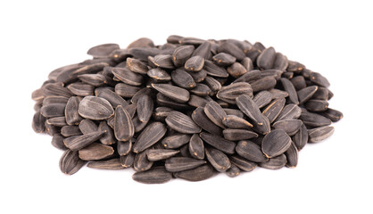 Sunflower seeds isolated on white background. Pile of fried sunflower seeds.