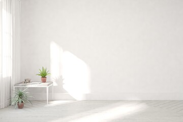 Fototapeta premium White empty room with table and green home plant. Scandinavian interior design. 3D illustration