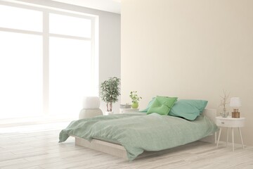 White bedroom interior. Scandinavian design. 3D illustration