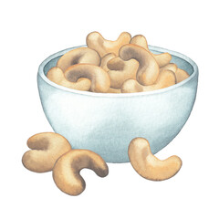 Watercolor bowl of cashew nuts isolated on the white background