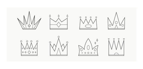 Obraz premium Various Outline Crowns. Minimalistic Icons. Elegant thin line simple geometric design. Trendy Vector illustration. Royal, luxury concept. All elements are isolated. Logo templates