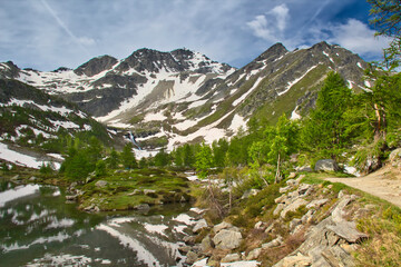 Fototapeta na wymiar Lake Arpy 2066m. Alps, Italy. Aosta Valley Region. HDR.