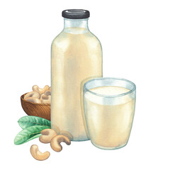 Watercolor glass bottle and cup of the plant based milk decorated with cashew nuts and leaves.