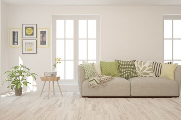White living room with sofa. Scandinavian interior design. 3D illustration