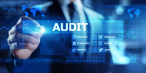 Audit financial examination organisation account. Business finance concept on screen.