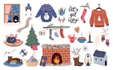 Cozy winter elements collection, hygge style, vector design
