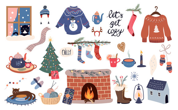 Cozy winter elements collection, hygge style, vector design

