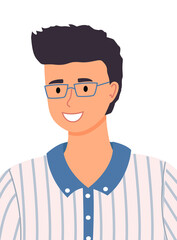 Cute young smiling closeup black-haired guy in glasses. Striped shirt. The man wears glasses. Male smiling portrait. Caucasian or Asian man. Flat design vector illustration. Modern character avatar