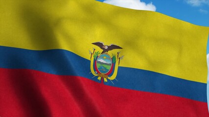 Ecuador flag waving in the wind, blue sky background. 3d rendering