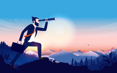 Man looking for career opportunities with binocular. Landscape and sunrise in background. Businessman vision concept. Vector illustration. - obrazy, fototapety, plakaty