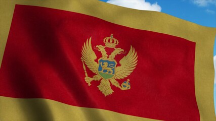 Montenegro flag waving in the wind, blue sky background. 3d rendering