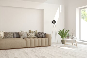 White living room with sofa. Scandinavian interior design. 3D illustration