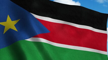 South Sudan flag waving in the wind, blue sky background. 3d rendering