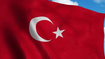 Turkey flag waving in the wind, blue sky background. 3d rendering