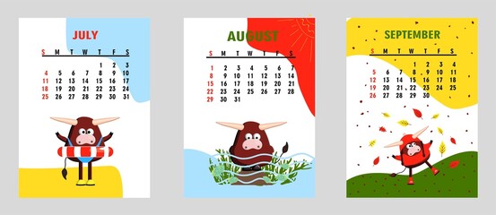 bull, white bull calendar or A4 planner for 2021 with cartoon kawaii, bull or cow, Week starts on Sunday, printable template