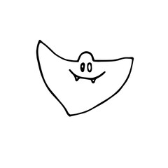 Doodle Halloween smiling ghost. Outline character with fangs isolated on white background. Hand drawn cute scary evil spirits. Vector apparition sign for spooky autumn holidays, print, trick or treat