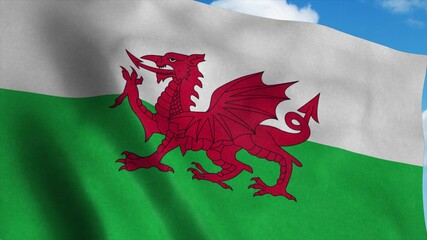 Wales flag waving in the wind, blue sky background. 3d rendering