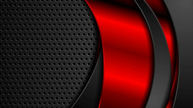 Red and black abstract technology glossy wavy motion background with perforated texture. Seamless looping. Video animation Ultra HD 4K 3840x2160
