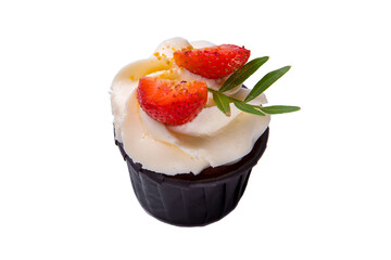 Sponge cake with cream and strawberries on a white isolated background.