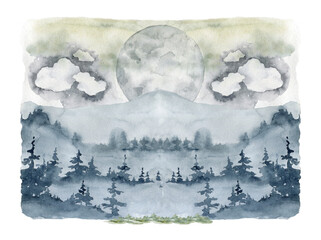 Wild forest trees and high mountains in fog hand drawn with watercolor landscape background