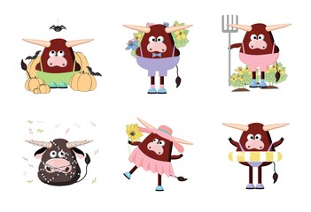 Fototapeta premium Bull character, cartoon ox. Symbol of 2021. Cute ox illustration on a white background. Animal farm with horns character set