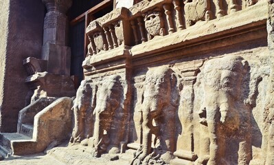 stone carving and Sculptures at Ellora caves ,UNESCO world heritage site near Aurangabad,...