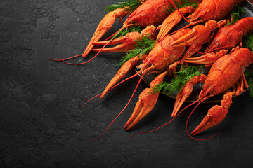 Boiled Crayfish on black plate on dark slate table top. Red crawfish with green dill and lime is popular party dish.