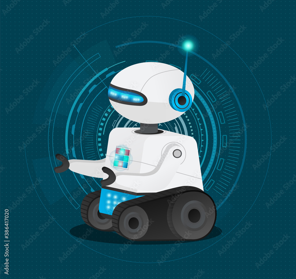 Poster futuristic model cyborg or robot with artificial intelligence. dark blue background with electronic 