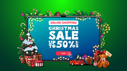 Online Shopping, Christmas sale, discount banner with large tablet with offer and button on screen and Christmas tree in a pot with gifts