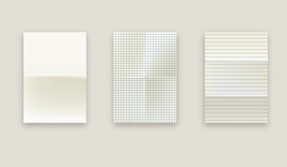 Set of vector realistic illustrations of a torn sheet of paper from a workbook with shadow