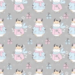 Fototapeta na wymiar 2021 symbol of the year ox. Christmas pattern. Bulls in the snow. Design for wrapping paper, fabric and clothing. Pastel delicate colors