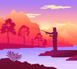 Fisherman with a fishing rod on the shore of a forest river. Silhouette of a man standing on coast. Person holding fishing rod in his hands on the background of reservoir at the foot of the mountain