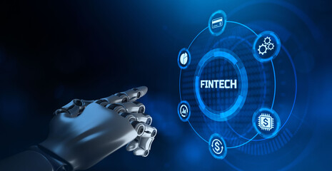 FIntech Financial technology online banking e-payment. Robotic hand pressing virtual button.