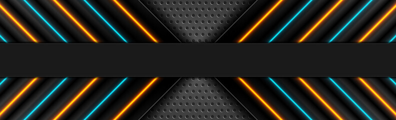 Futuristic perforated technology abstract background with cyan orange neon glowing arrows. Vector concept banner design