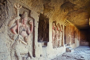 stone carving and Sculptures at Ellora caves ,UNESCO world heritage site near Aurangabad,...